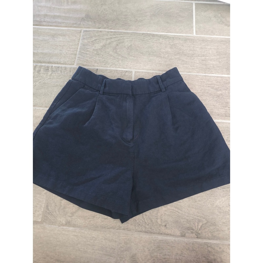 H&M Navy Blue Linen Blend Pleated High Rise Shorts Womens Size 6